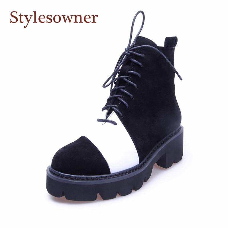 

Stylesowner Ankle Boots for Women Zapatos De Mujer Black White Cow Suede Real Leather Boots Flat Bottom Cool Bootie