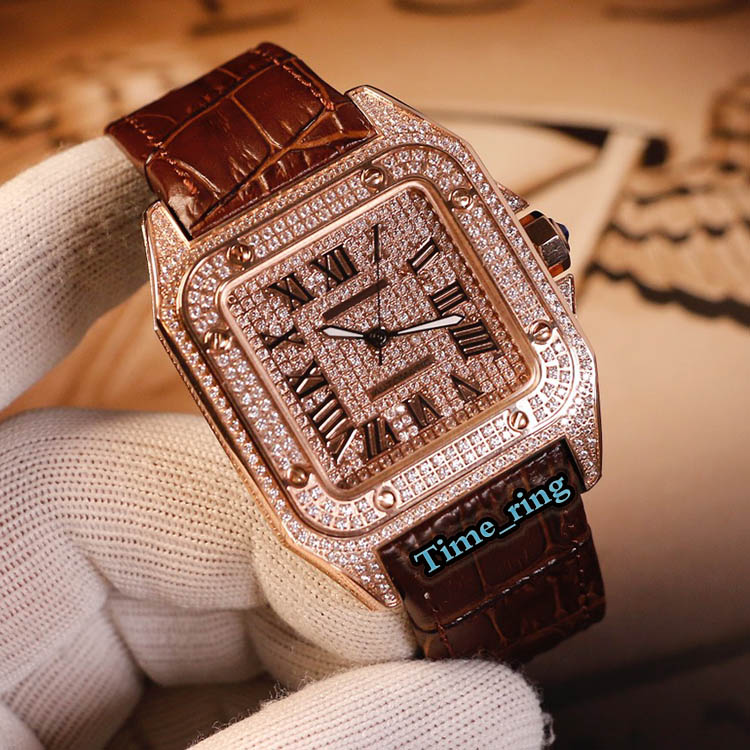 

Best Edition W20106X8 Diamond Dial Rose Gold Diamond Case Japan Miyota Automatic Movement Mens Watch Brown Leather Strap Designer Watches, Professional waterproof