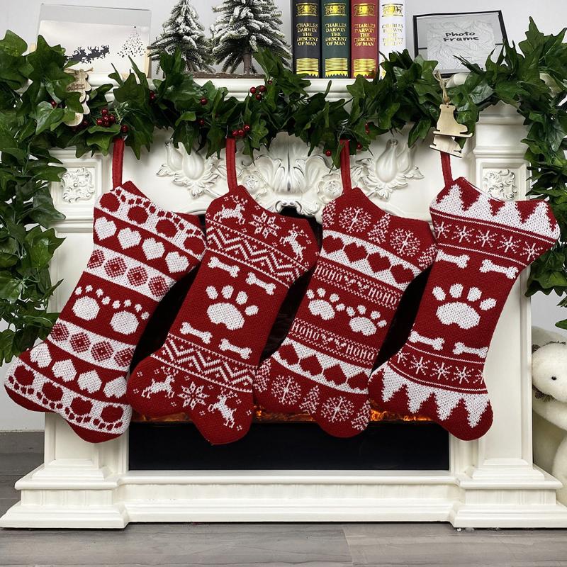 

New Year Gift Bag Xmas Tree Ornaments Knitted Christmas Stockings Home Decor Kids Candy Bag Snowman Deer Pocket