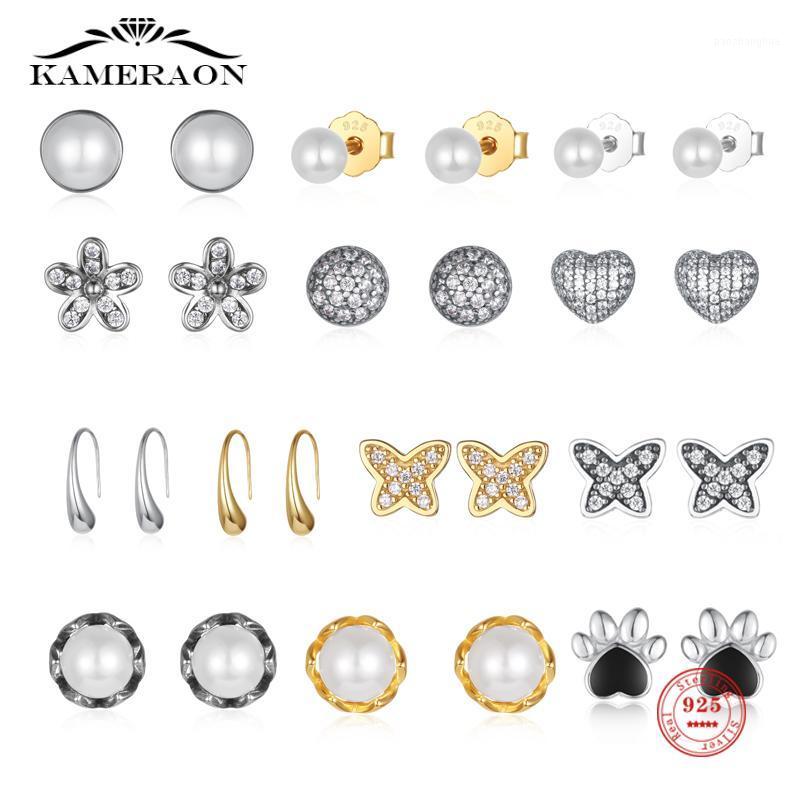 

Sterling Silver Stud Earrings White Shell Simulated-pearl Round Butterfly Gold For Women Heart Shape Ear Jewelry, Golden;silver