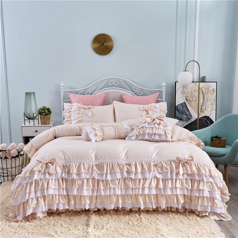

Korean princess lace embroidery skirt-style cake layers solid color pure cotton bedding set ruffles pillow sham duvet cover set, As pic