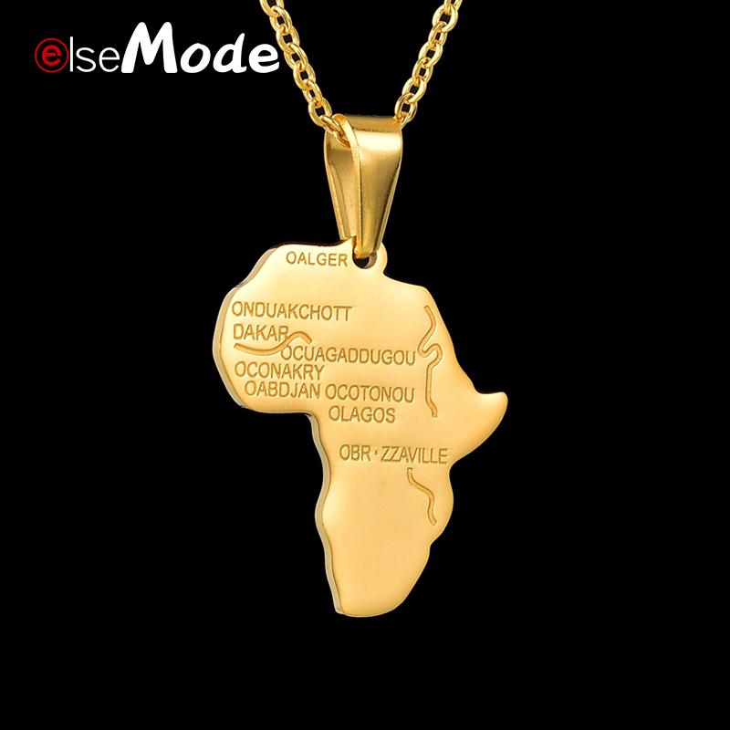 

ELSEMODE Stainless Steel Africa Map Pendant Custom Engrave Name Necklace for Women Men Gold Color Ethiopian Jewelry Wholesale