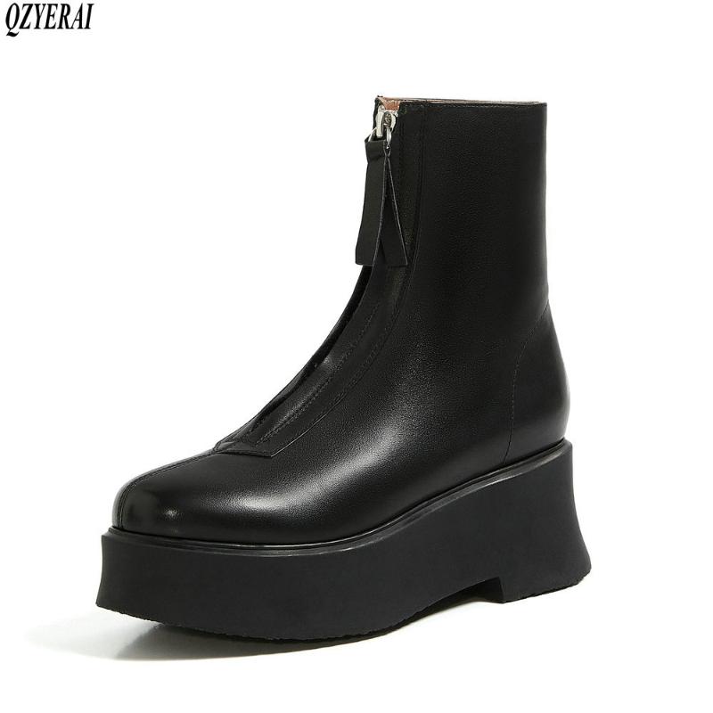 

QZYERAI 2020 New style Genuine leather Female boots Women's boots cowhide The bottom of the thick Autumn and winter Women shoes, Black