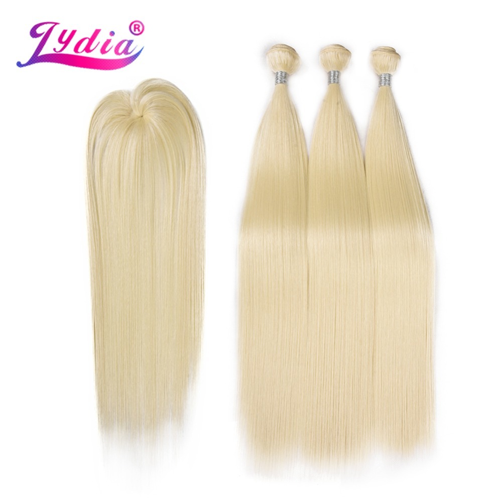 

Lydia Synthetic Yaki Straight Hair Weave With Double Weft 613# Blonde Hair Bundles 16inch-20inch 4pcs/Pack With Free Closure Q1128, #613
