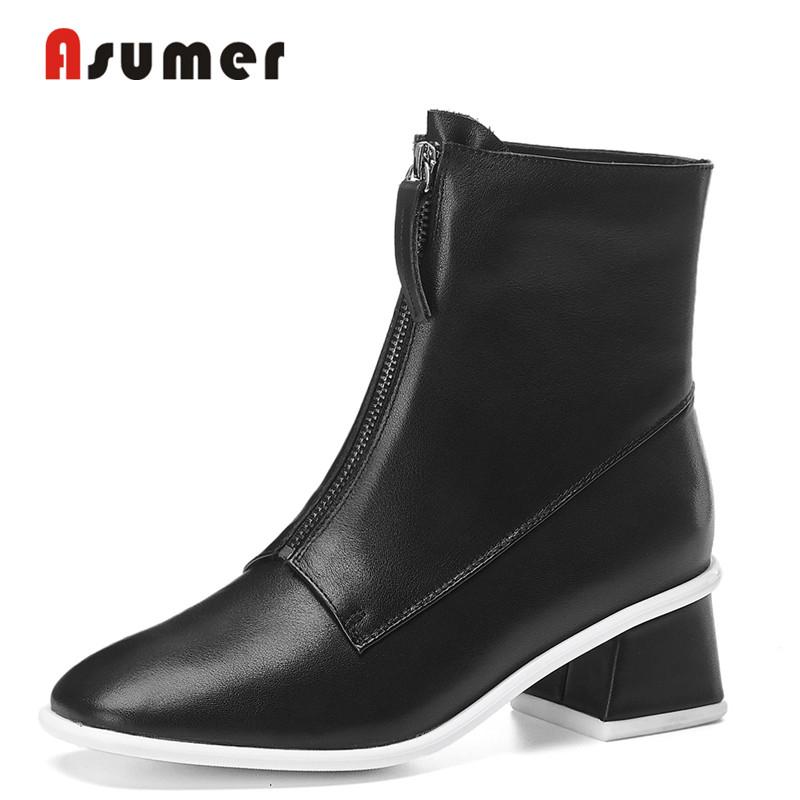 

ASUMER 2020 New high quality genuine leather zipper ankle boots solid color office dress shoes ladies autumn winter ankle boots, Black