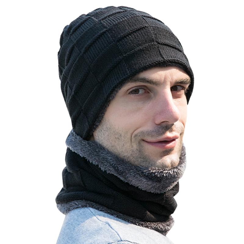 

Winter Beanies Hat and Scarf for Men Fashion Solid Plaid Knitted Hat Outdoor Sportswear Men Fleece Scarf Warm Beanies