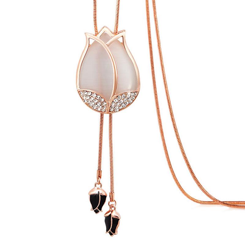 

Chains Sexy Vintage Big Opal Tulip Flower Long Pendant Tassel Necklace Chain For Women High Quality Statement EV-ASW2