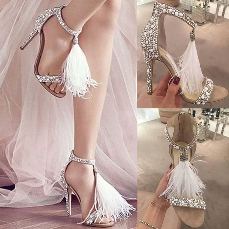 

Hot Sale-2020 Sexy Feather Rhinestone Sandals High Heels Banquet Wedding Shoes Women Fashion Crystals Bridal Shoes, Silver