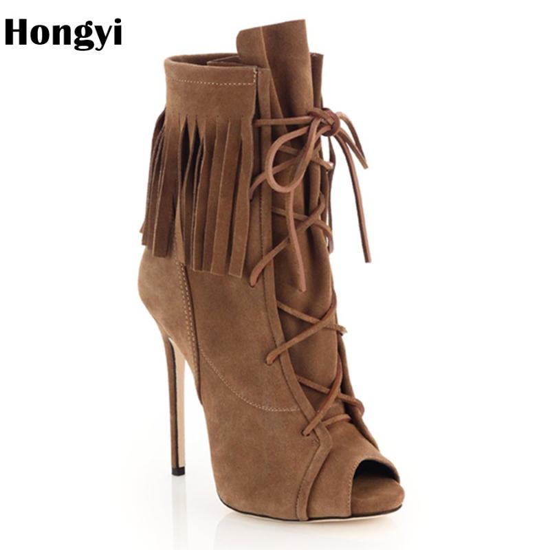 

Hongyi Women Boots High Heel Tassel Boots Lace U Autumn Thin Heel Shoes Sexy Ladies Peep Toe 34-43 Femmes bottes, As showed color