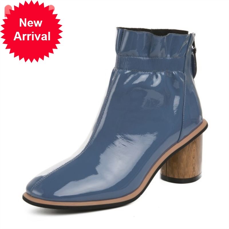 

Top quality Women Genuine Leather Ankle Boots Foot Round Heel Gross Zipper Plissed Solid Color Shoes Size 34-39 Footwear, Black