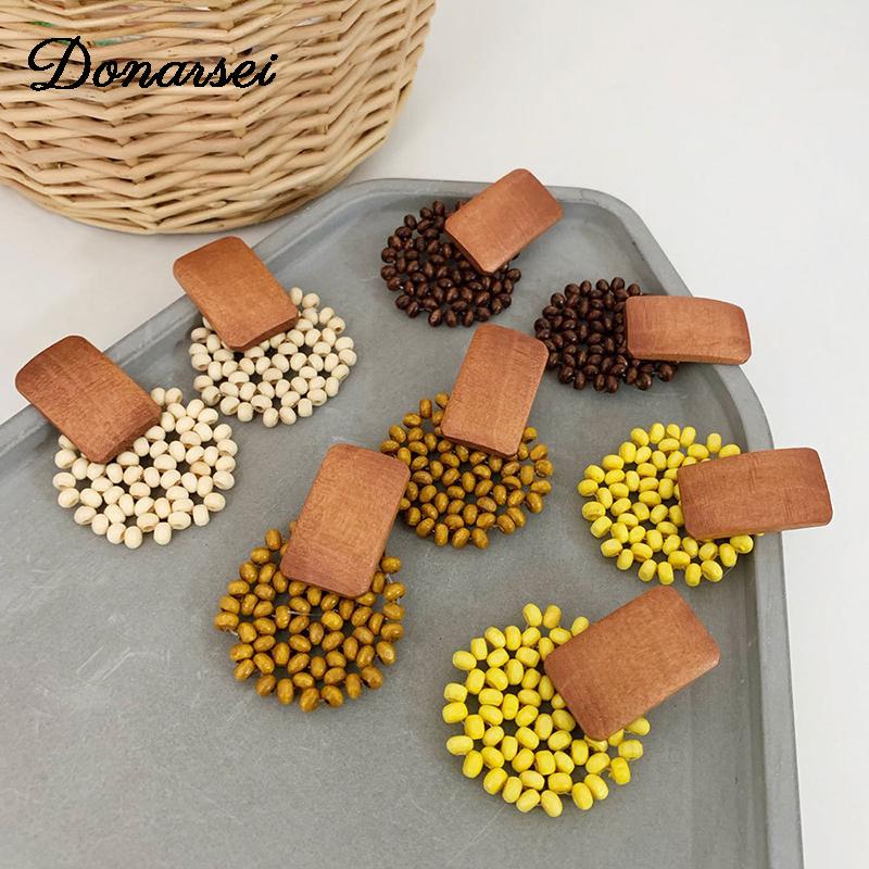 

Donarsei Fashion Handmade Beaded Earrings For Women Korean Geometric Round Wooden Drop Dangle Earrings Friendship Gift