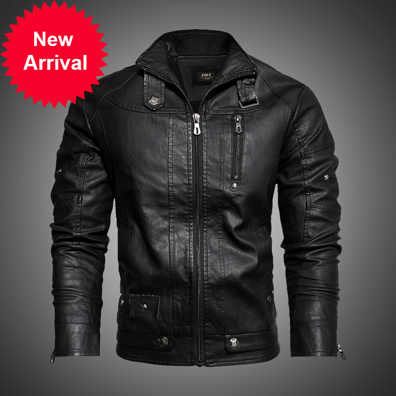 

2020 Autumn new men' thin collar with zipper leather jacket male plutonium solid thick hot fleece brand jackets, Black fk152