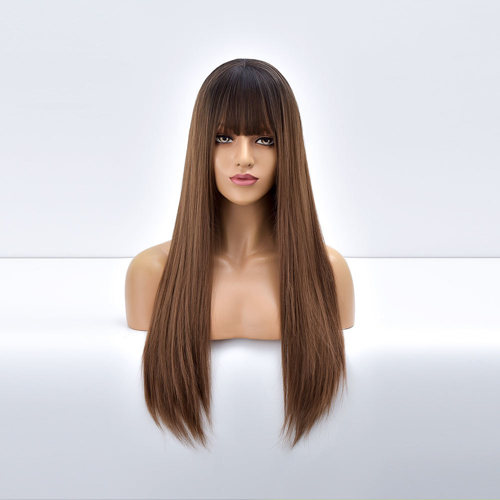Costume Accessories Brown Long Stright Ombre Daily Hair Synthetic Wigs White Women With Bangs Cosplay Party Natural Heat Resistant Female Fi-image-749167861