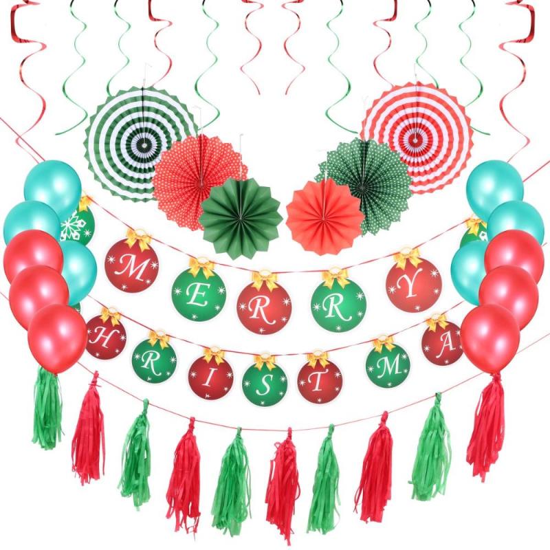 

1 Set Christmas Decorations Hanging Banners Balloons Paper Fans and Spirals