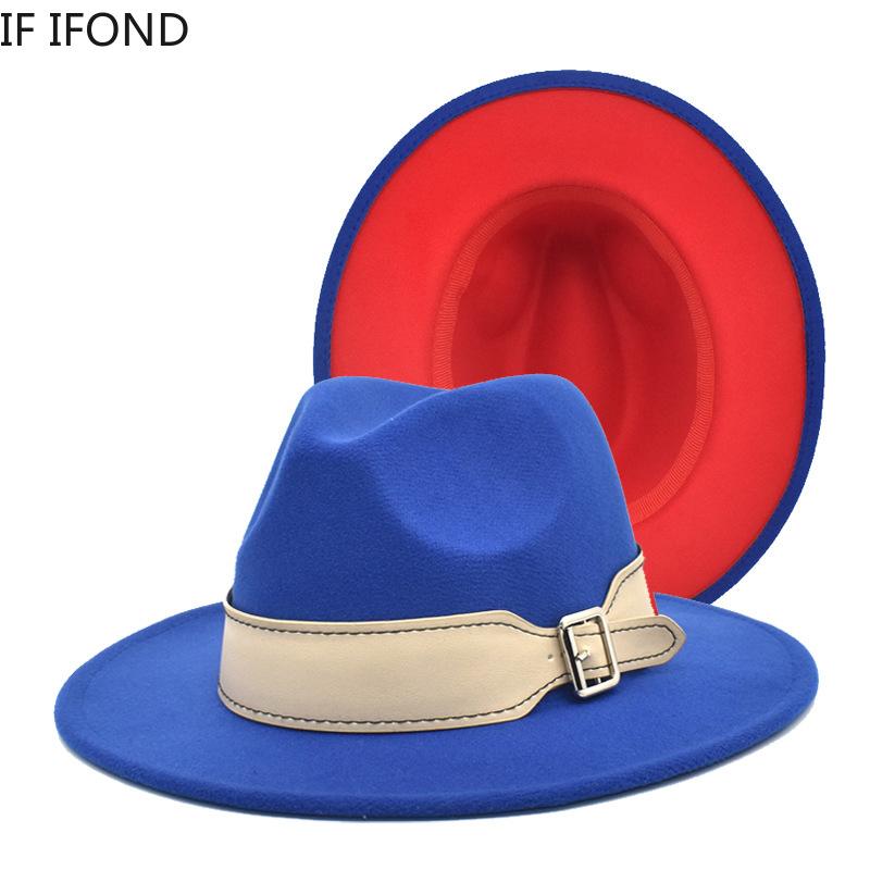 

2021 New Royal blue with red Patchwork Wool Felt Jazz Fedora Hats with Wide Belt Buckle Wide Brim Party Trilby Hat