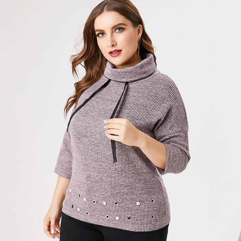 

2020 Fall Women Long sleeve Knitted Stand-up collar T-shirt fashion ladies elegant mom clothes Plus Size Womens Tops, Pink