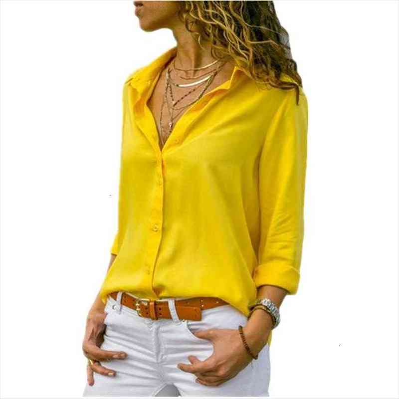 Femmes Tops Blusa Automne Pulls à manches longues élégantes Solide V ecouche Col en mousseline de mousseline jaune Femelle Work Shirts Blouse Plu