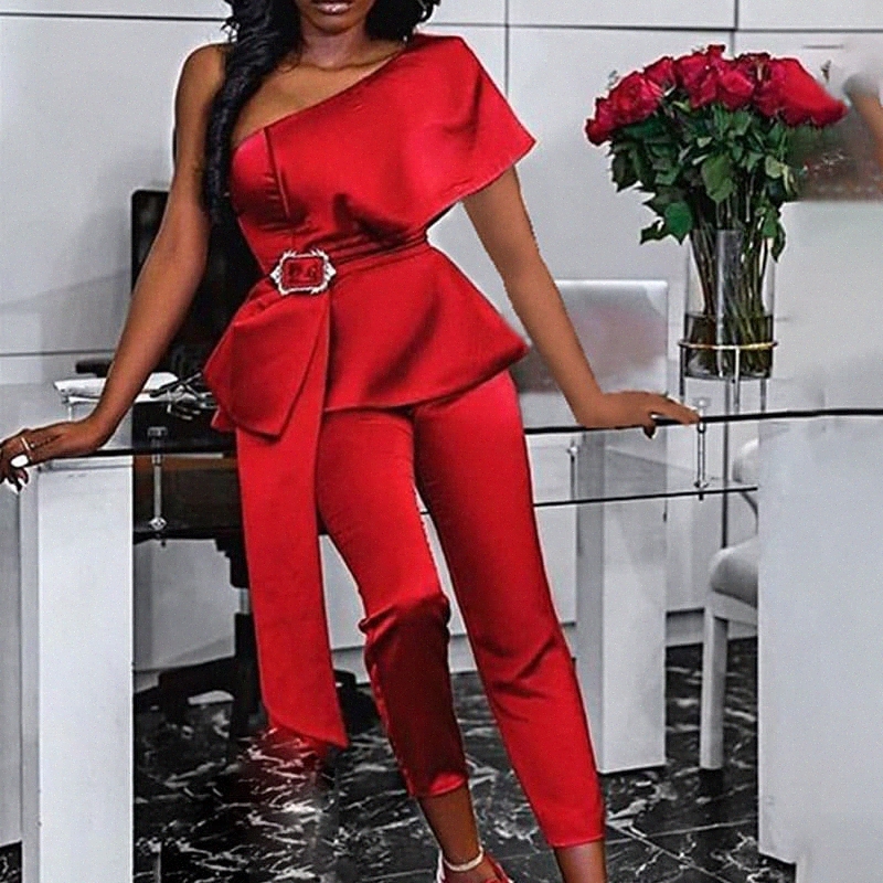 

women's Jumpsuit High Waist Ruffle Solid Color One Shoulder Elegant Party Vacation Regular Fit Short Sleeve Red S M L Spring f0Or#