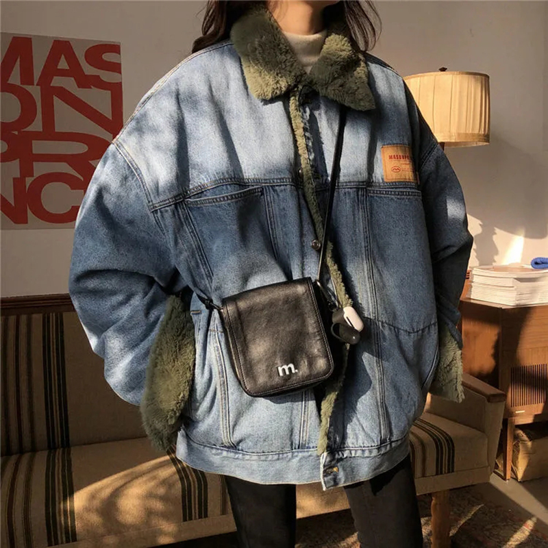 

Looser blue velvet denim on both sides wear feminine turn-down collar jean 2020 new arrival cowboy jacket