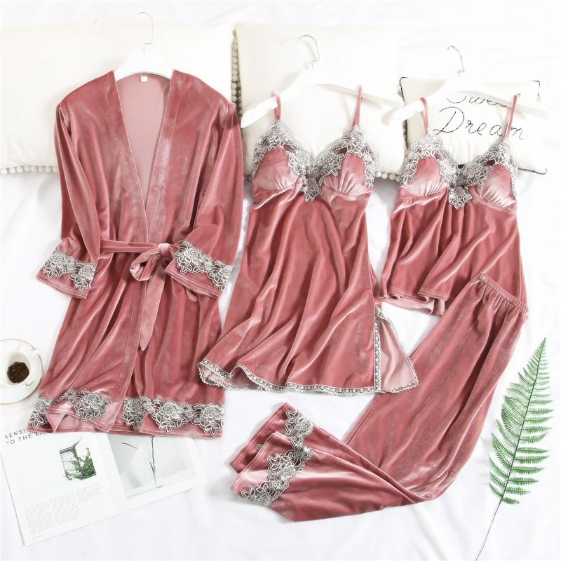 

Winter 4PCS Sleep Set Female Velour Kimono Robe Gown Warm Pajamas Suit Nighty&Robe Set Soft Velvet Sleepwear Intimate Lingerie, Zz003