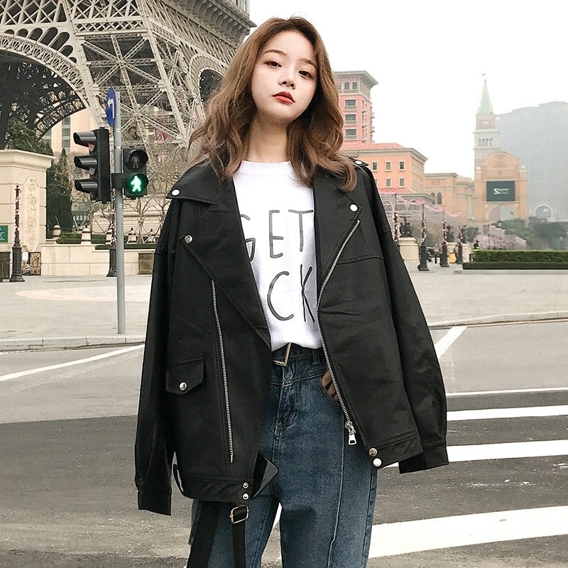 

Fashion Oversized Coat Women Faux Leather Jacket Spring Autumn Winter Loose Biker Motorcycle Jackets Female Punk Streetwear 201029, Beige