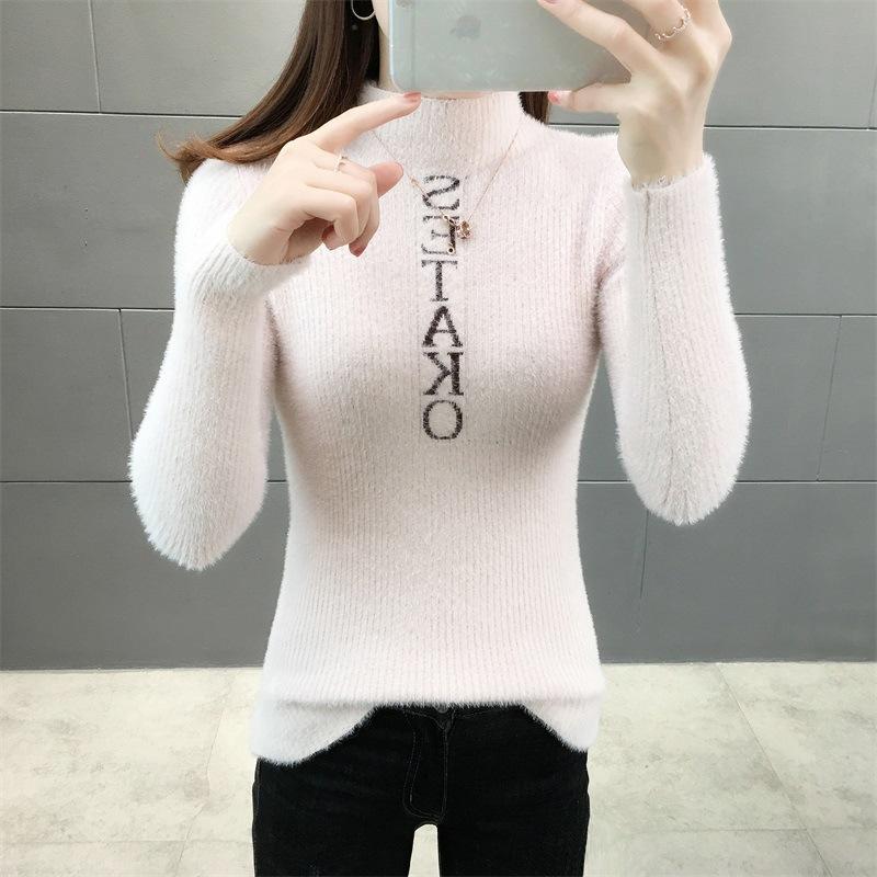 

#6333 White Pink Blue Mohair Sweater Women Thick Warm Sweater Women Turtleneck Pullovers Letters Basic Knitted Femme, Beige