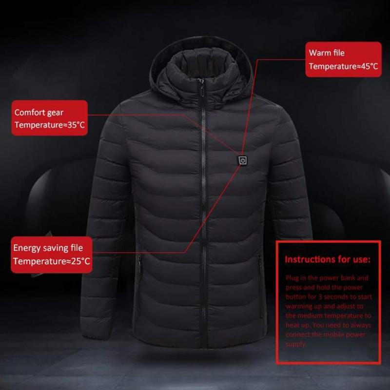 

8 Areas Men Women Heated Jackets Outdoor Vest Coat USB Electric Long Sleeves Heating Hooded Jackets Warm Winter Thermal Clothin, Black