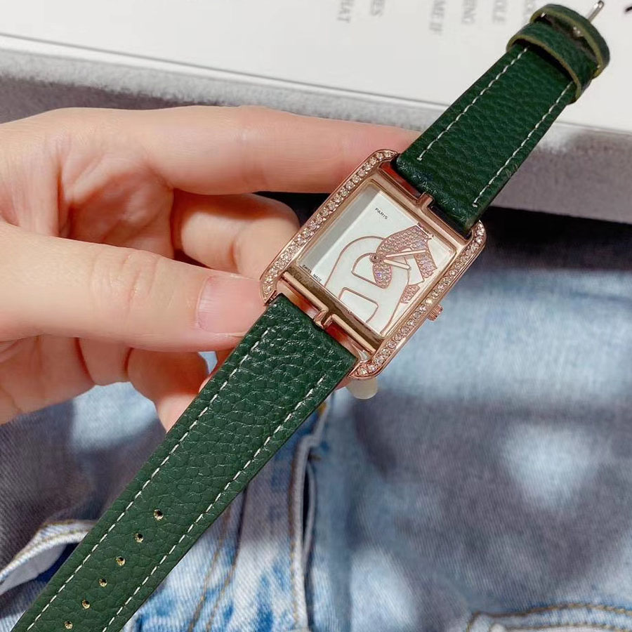 Fashion Brand Watches Women Girl Crystal Rectangle Style Leather Strap Quartz Wrist Watch HE02