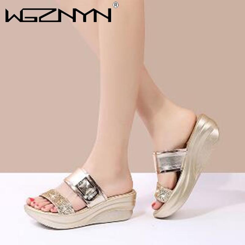 

WGZNYN Women Sequined Cloth Slippers Bling Wedges Platform Summer Beach Casual Slides Woman Shoes Plus Size Ladies Footwear 2021