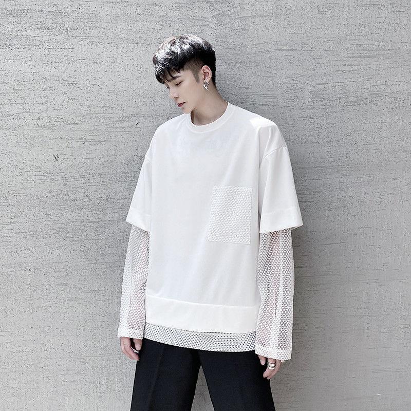 

IEFB / men's wear black white round neck fake two-piece long sleeve mesh stitching fashion all-match tops oversize tops 9Y3824