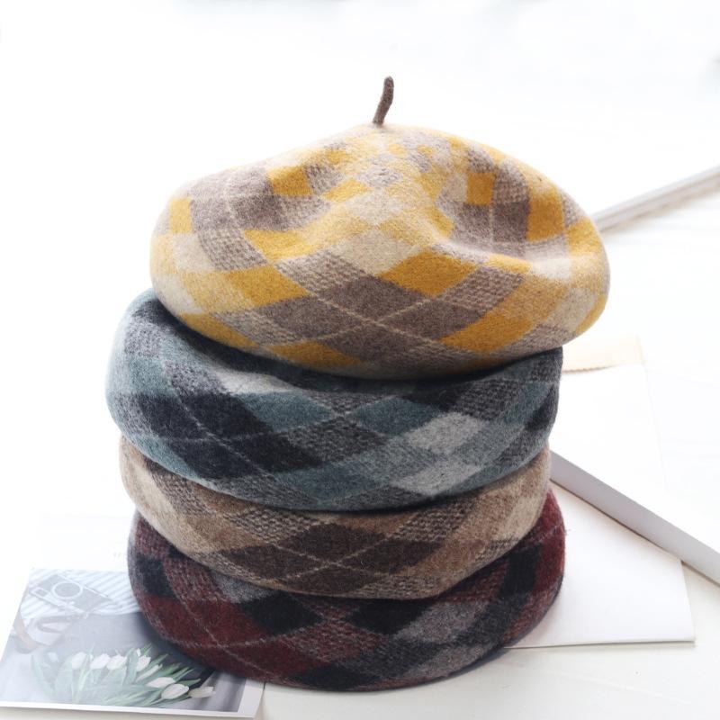 

Beret Women Winter Hat Wool Plaid Warm Retro Snow Outdoor Accessory For Female, Red