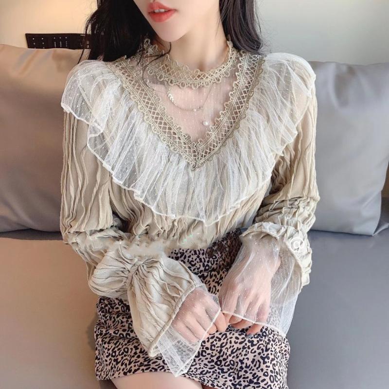 

2020 Fall Women's Long Sleeve Blouses Stand Collar Ruffles Hollow Dot Mesh Patchwork Blouse Folds Korean Elegant Woman Tops, Black