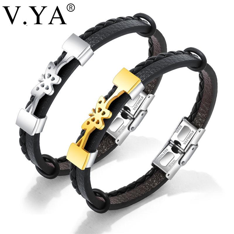 

V.YA Vintage Wrap Butterfly Leather Bracelets For Men Fashion Handmade Gold Silver Color Stainless Steel Man Jewelries Bracelet