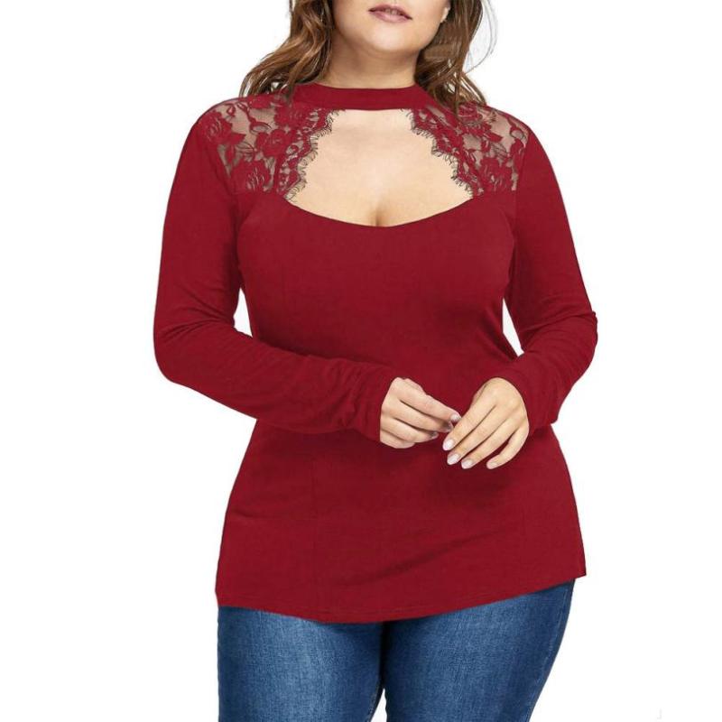 

female T-shirt 2020 Fashion summer Women' Long Sleeve Solid Plus Size Lace Casual Loose Tops t shirt camisetas mujer B30, Black