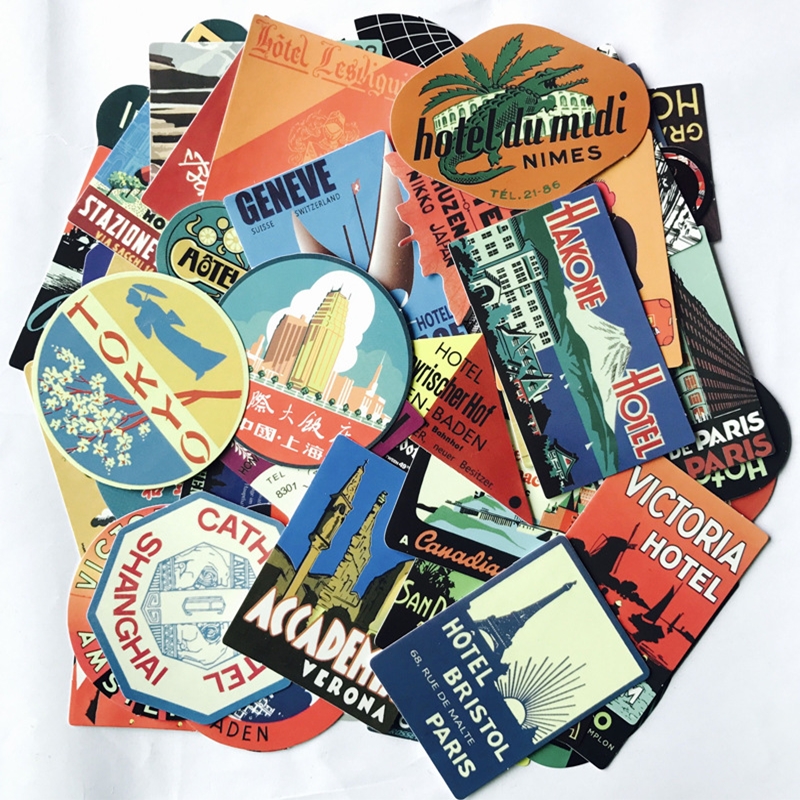 

50Pcs Outdoor Travel Vintage Retro Hotel Restraunt Stickers Pack Car Bike Luggage Sticker Laptop Skateboard Motor Water Bottle Decal, Multi-color