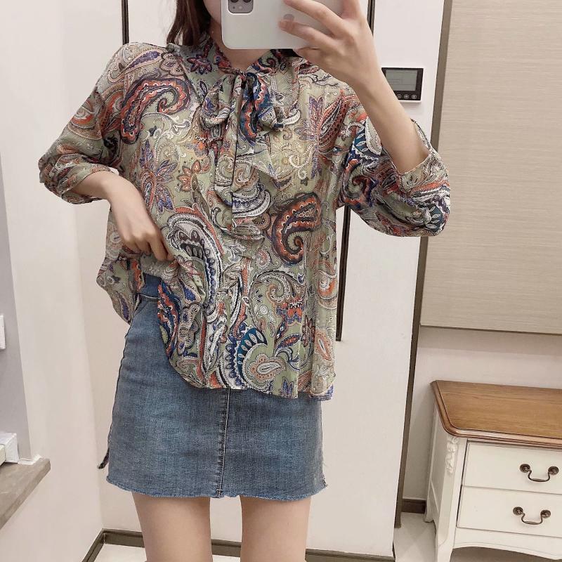 

2020 Loose Paisley Print Vintage Shirts Women Long Sleeve Bow Neck Chiffon Tops for Women Autumn Retro Oversized Shirt Female, Floral