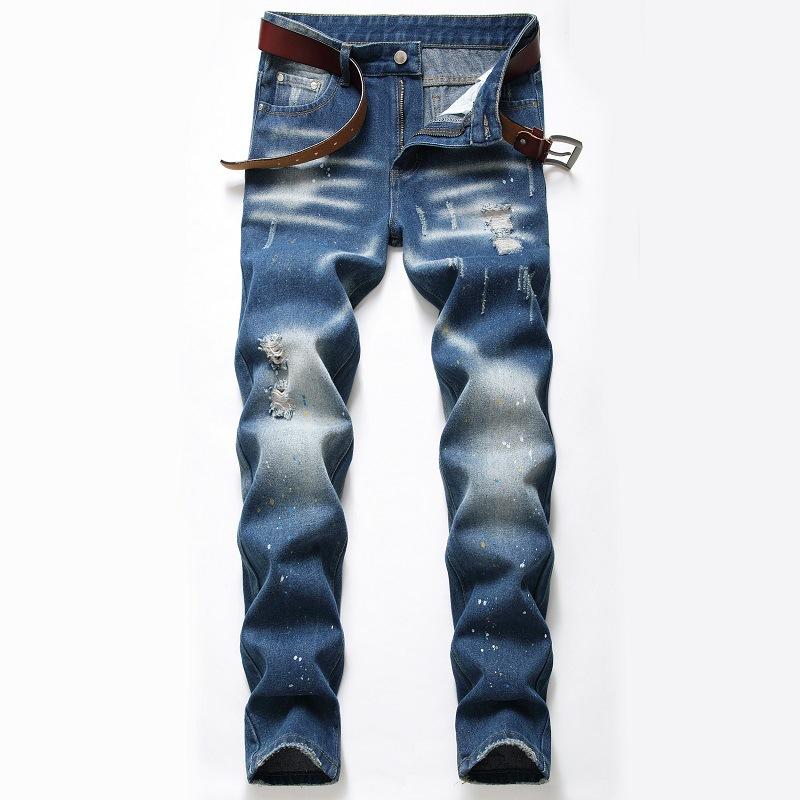 

BAIDAFEI 2020 New FashionTrend Splash Ink Hole Youthful Vitality Jeans Streetwear Male Casual Pants Straight Distressed Clothing, Blue