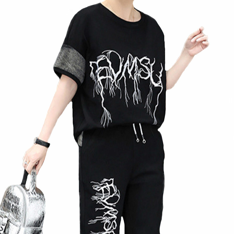 

Fashion European Ladies Printed Two Pieces Define Female Shreds Suits and Mujer Veran Joint Pants 0di1, Black