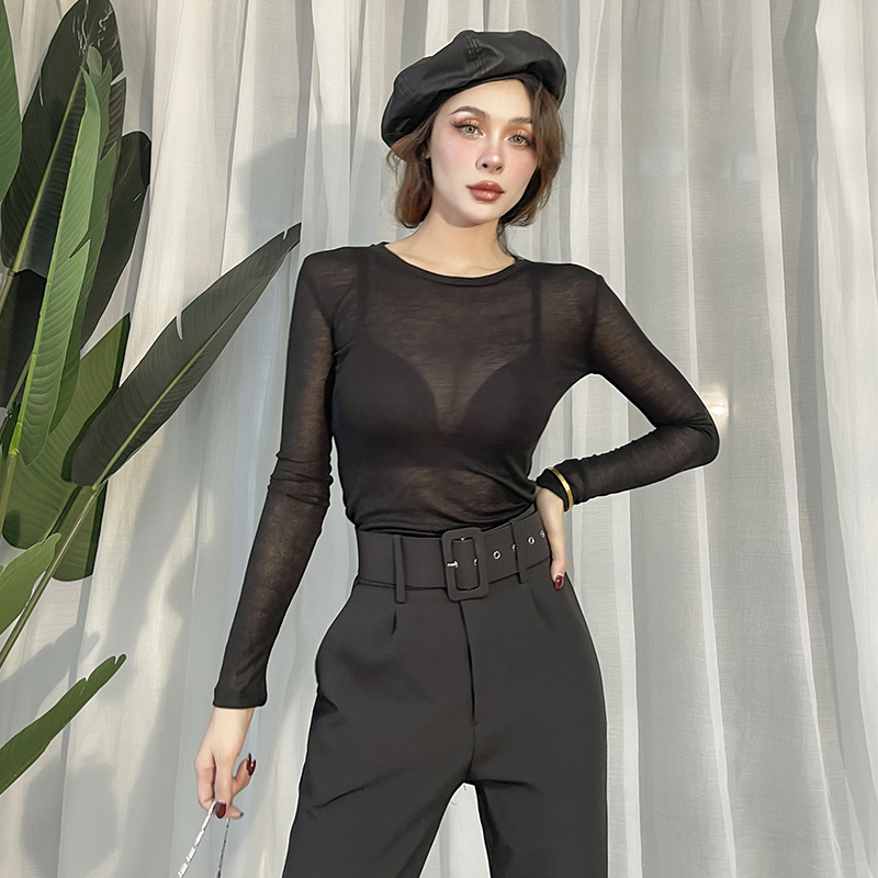 

2021 New Autumn All-match Solid Tight Color Through the Woman's Inside Elastic High Cotton T-shirts Long Sleeve Streetwear Tops M9PM, Black