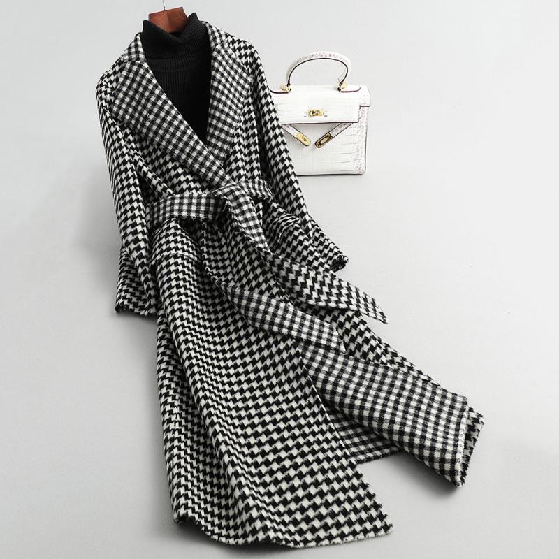 

Fashion Houndstooth Wool Coats Womens Long Slim Woolen Windbreakers Female Spring Autumn Warm Woolen Coats Houndstooth Overcoat, Black white