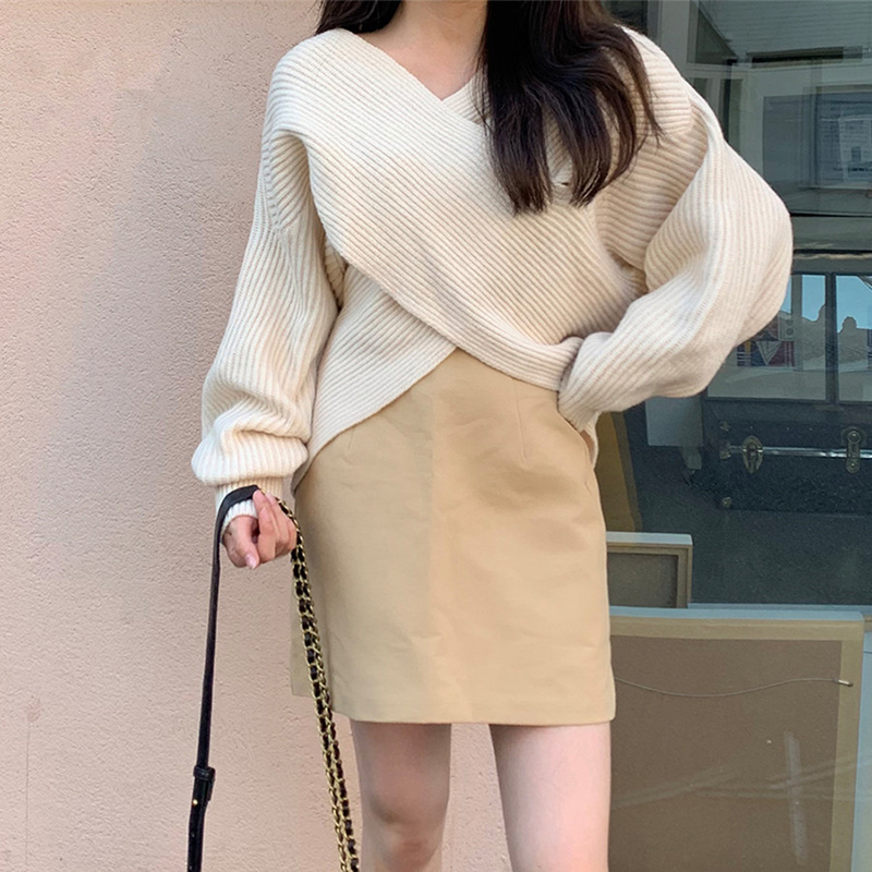 

Shirt with cleavage in v white pullovers criss cross autumn simple female skinny knit fashions full sleeve jumper tops, Cyan