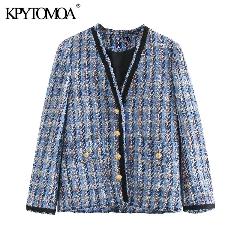 

KPYTOMOA Women Fashion Pockets Frayed Trims Tweed Jacket Coat Vintage V Neck Long Sleeve Female Outerwear Chic Tops 201123, As picture