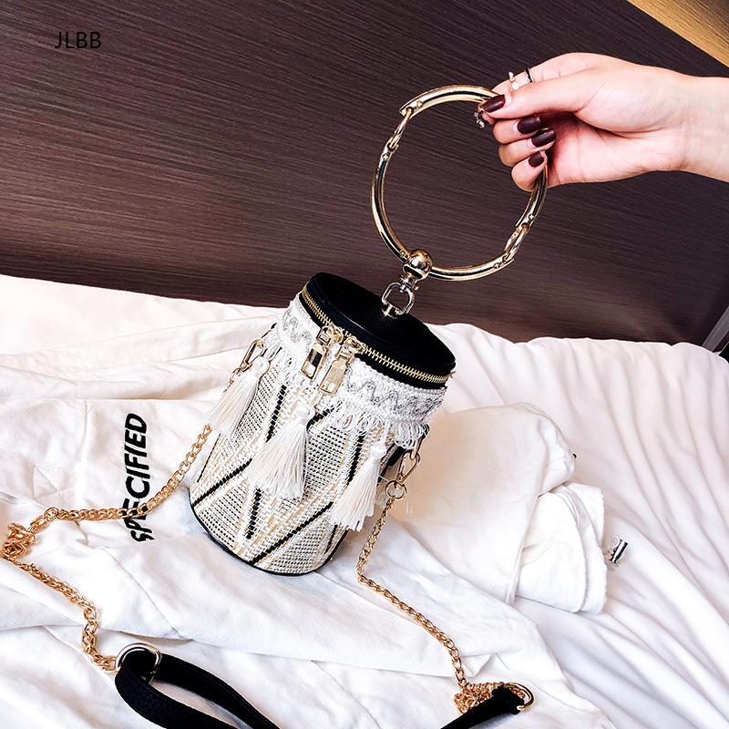

Tassel Women Bucket Metal Ring Handle Tote Bags Shoulder Chains Crossbody Bags National Striped Zipper Female Handbag, Beige