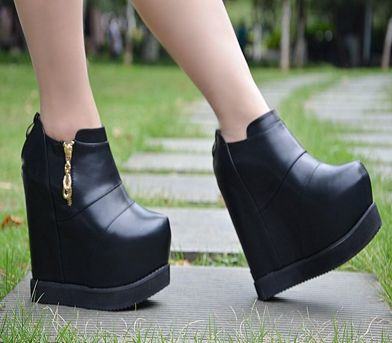 

15 Cm High Heel Thick Bottom Sponge Heel Ankle Boots Women Wedges Platform Short Booties zapatos de mujer, Black