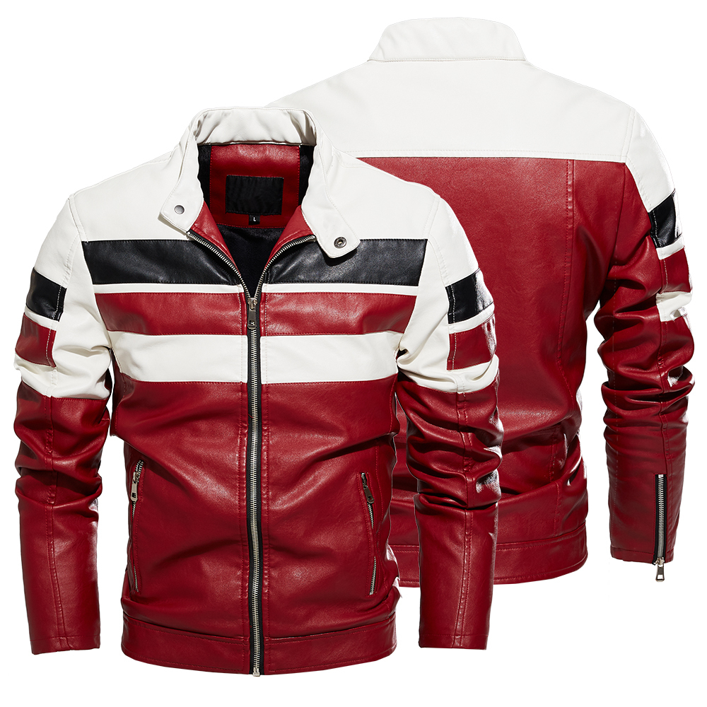Mens Jacket Stripe Colorblock Bomber Jacket Street Wear Autumn Winter Coats Men Leather Fur Jacket Motorcycle Slim Fit Coat 201118Z