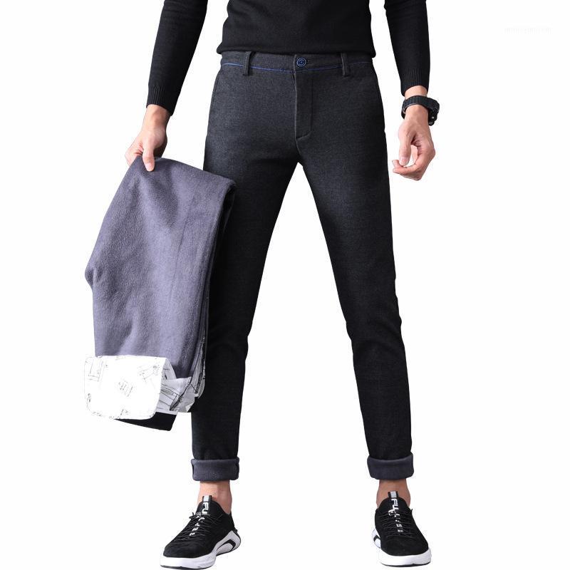 

2020 Men Fashion Winter Black Gray Color Slim Fit Stretch Thick Velvet Pants Warm Casual Fleece Trousers Male1