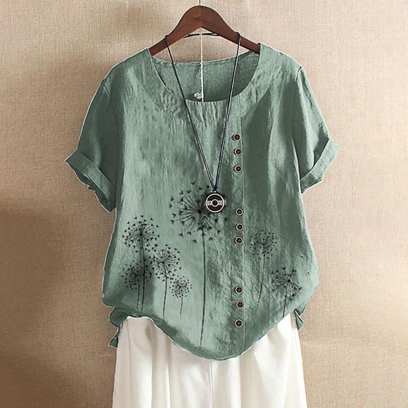

2020 Blouse Women Flower Print Vintage Linen Blouse Tops Female Button Shirts Short Sleeve Summer Blusas Kaftan Oversized Shirt, Gray
