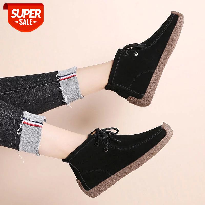 

Solid flats shoes women boots 2020 autumn shoes woman lace-up round toe genuine leather ankle boots women botas mujer #nV8S, Beige