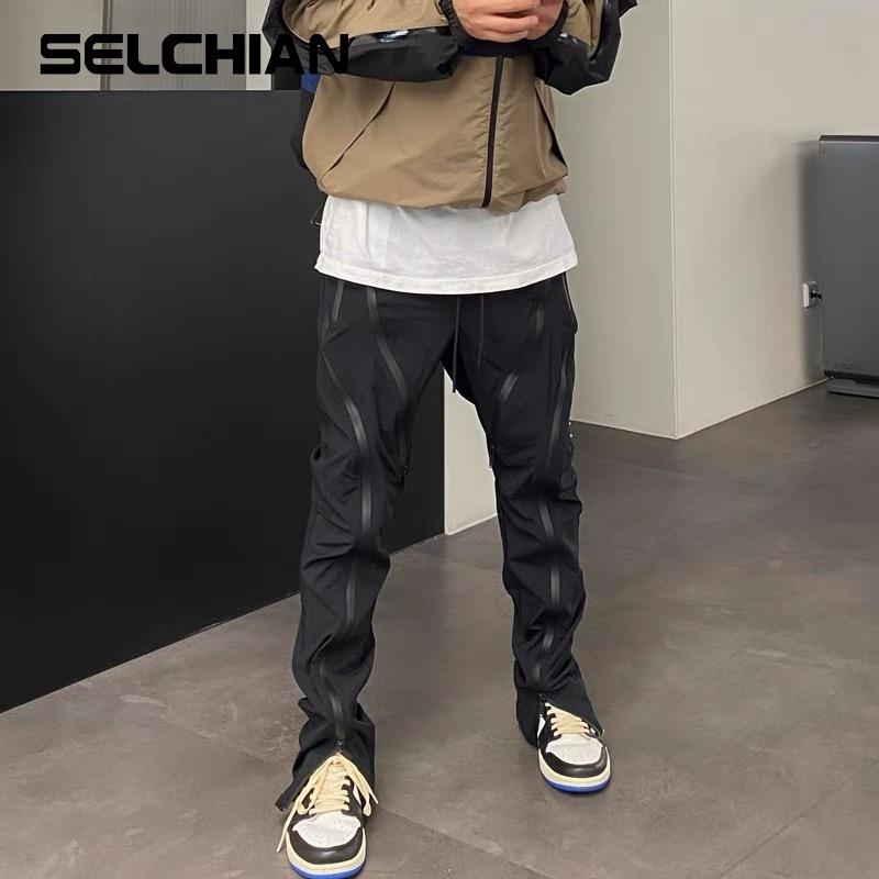 

Men's Pants High Street Multi Zipper Drawstring Mens Vibe Style Overalls Straight Oversized Casual Baggy Cargo Waterproof Trousers, Black