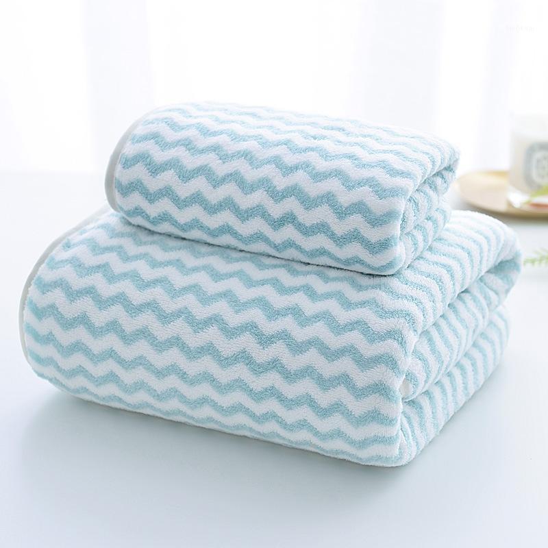 

2 Pieces/Lot Velour Stripe Bath Towel Set Highly Absorbent Quick Drying Soft Bath Towel+Hand Towel Set1